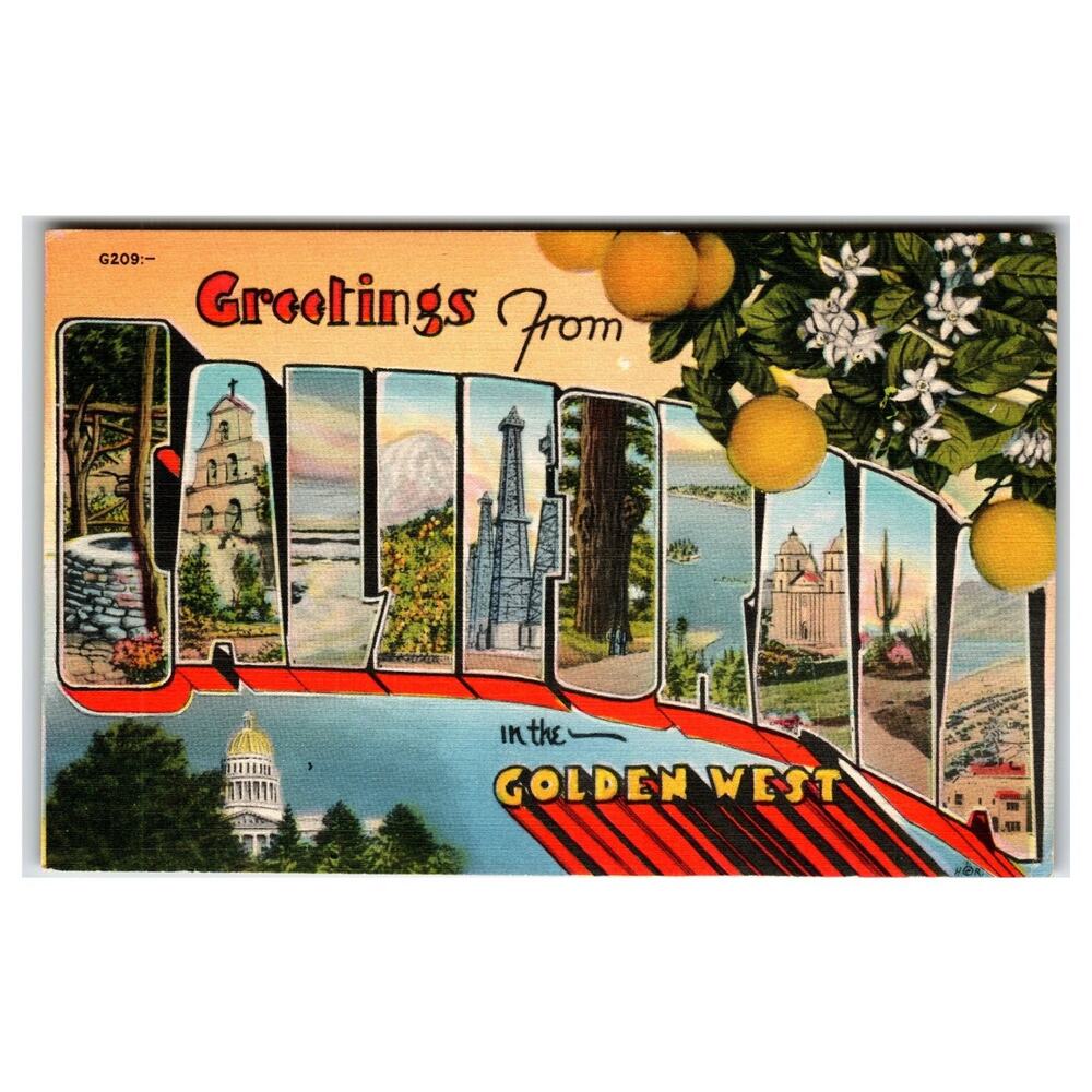 Greetings From California Large Letter Linen Postcard Heinz San Diego